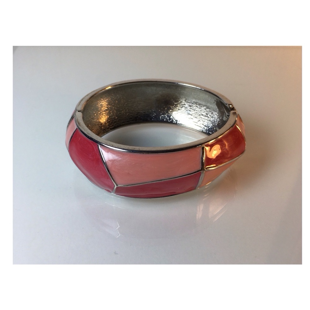 Hinged Pink Enamel & Silver Tone Bangle Bracelet